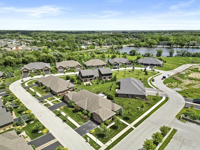 aerial view with a water view and a residential view