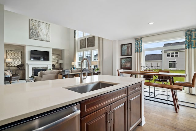 kitchen with sink, light hardwood / wood-style floors, and stainless steel dishwasher