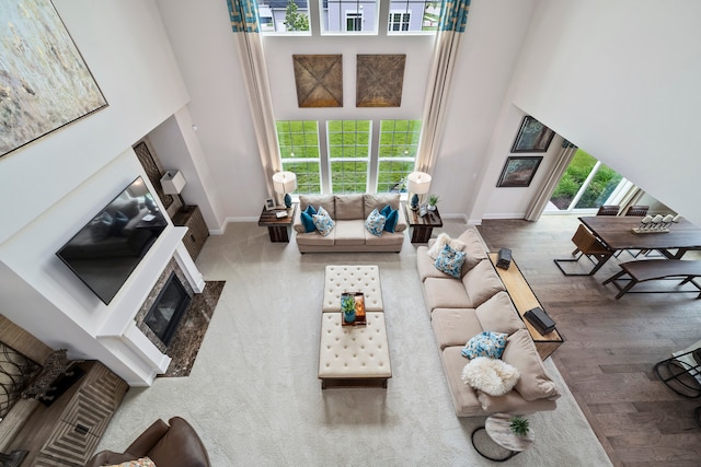 living room with a towering ceiling and hardwood / wood-style floors