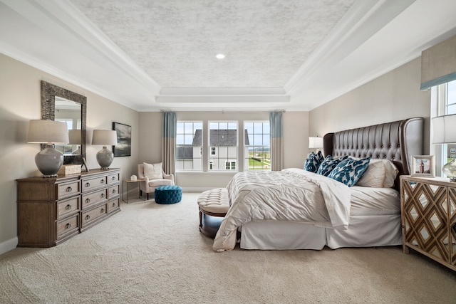 bedroom with carpet floors, a raised ceiling, and multiple windows