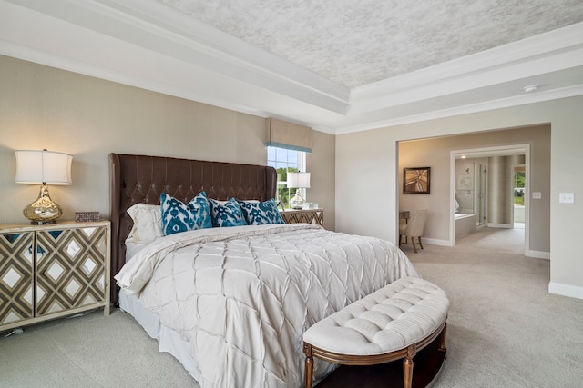 bedroom with light colored carpet, a textured ceiling, a raised ceiling, and crown molding