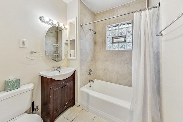 full bathroom with shower / bathtub combination with curtain, tile patterned flooring, vanity, and toilet