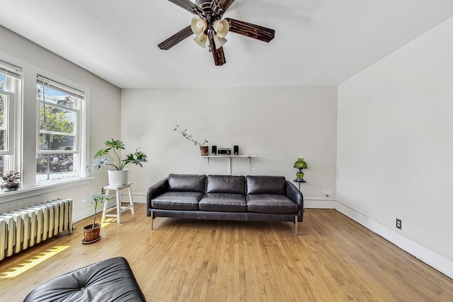 living room with light wood-type flooring, radiator, and ceiling fan