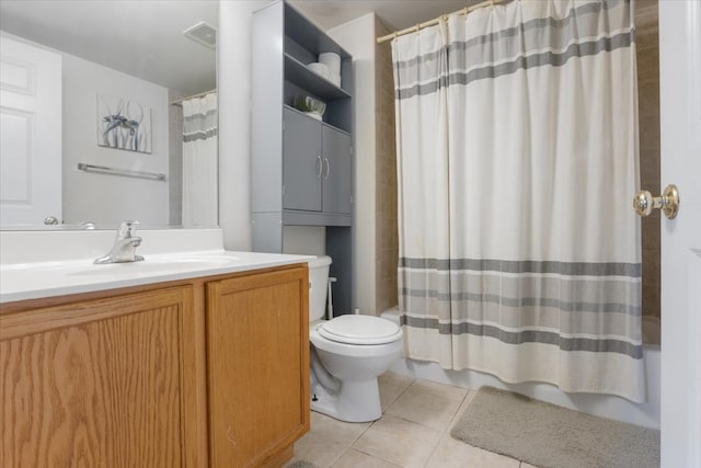 full bathroom featuring tile flooring, shower / tub combo, vanity, and toilet