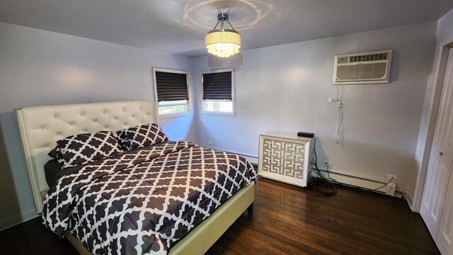 824 N Austin Blvd Unit 3E, Oak Park, IL 60302 - bedroom featuring an AC wall unit, wood finished floors, a chandelier, and baseboards