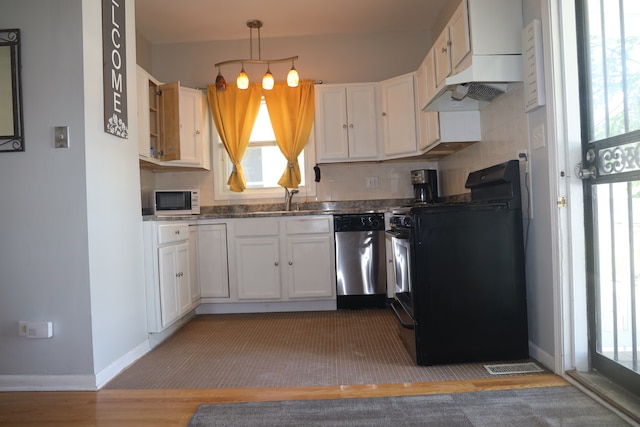 kitchen with stainless steel dishwasher, white cabinets, black range with electric stovetop, wood-type flooring, and tasteful backsplash