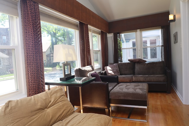 living room with vaulted ceiling and hardwood / wood-style flooring