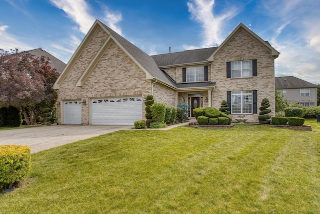 view of front of home with a front yard and a garage