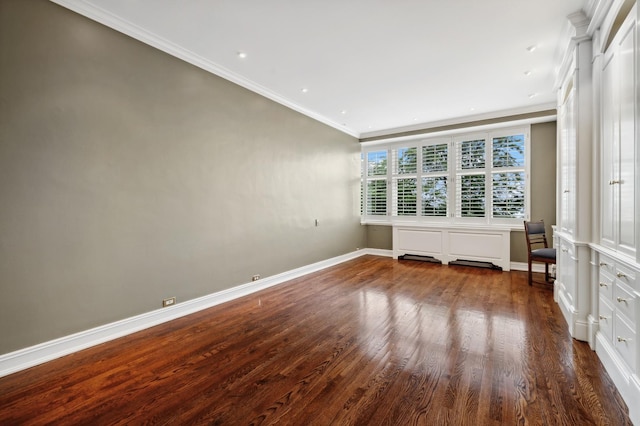 empty room with recessed lighting, crown molding, baseboards, and dark wood-style flooring