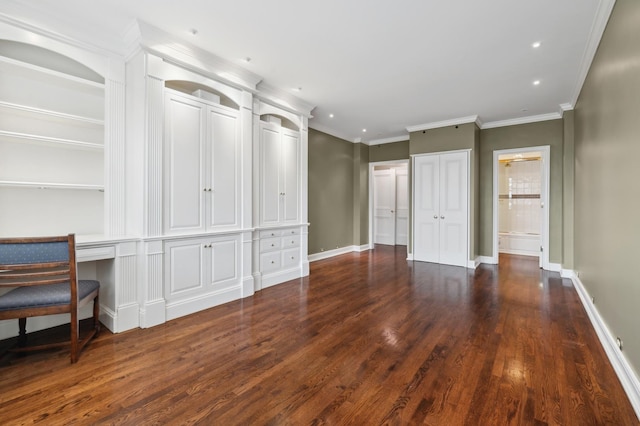interior space featuring recessed lighting, wood finished floors, crown molding, and baseboards