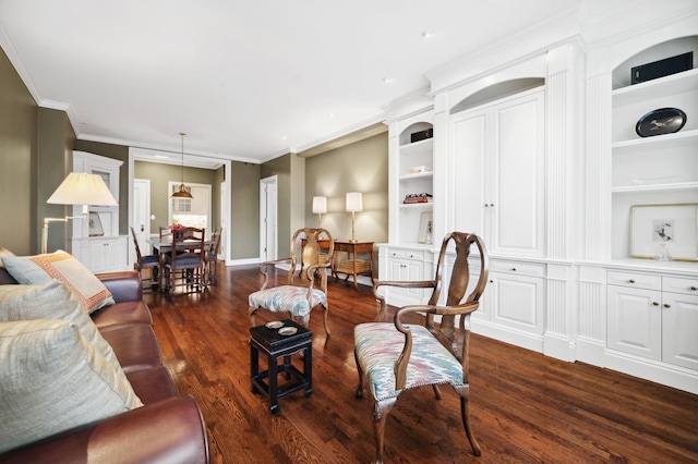 living area featuring dark wood-style floors, baseboards, recessed lighting, built in features, and crown molding