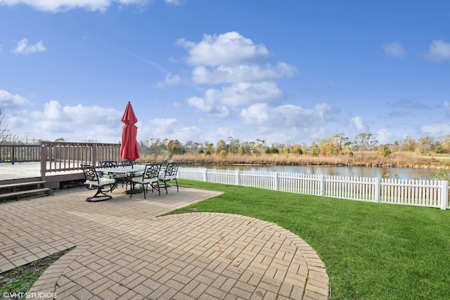 view of patio / terrace with a deck with water view