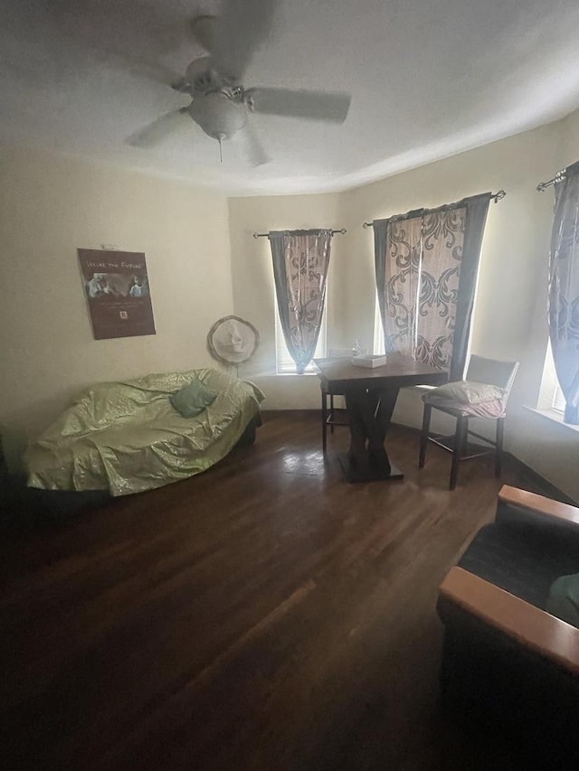 living area featuring ceiling fan and hardwood / wood-style floors