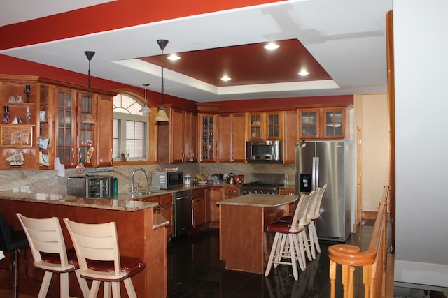 kitchen featuring kitchen peninsula, stainless steel appliances, a tray ceiling, pendant lighting, and a breakfast bar area