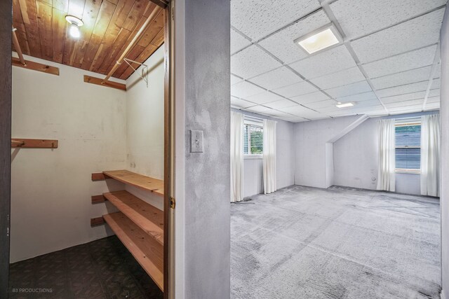 interior space with carpet flooring and a paneled ceiling