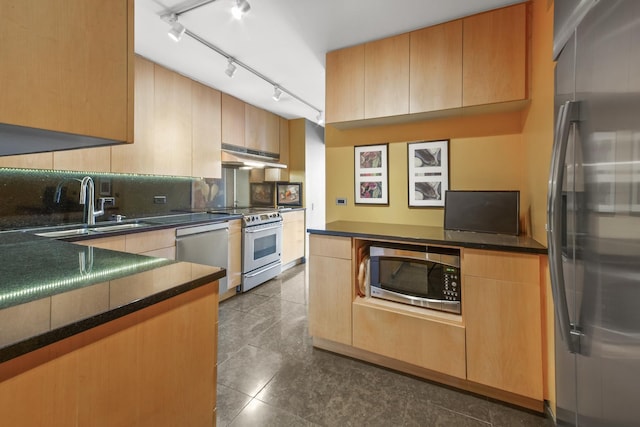 kitchen featuring under cabinet range hood, a sink, appliances with stainless steel finishes, backsplash, and track lighting