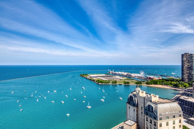 bird's eye view with a water view