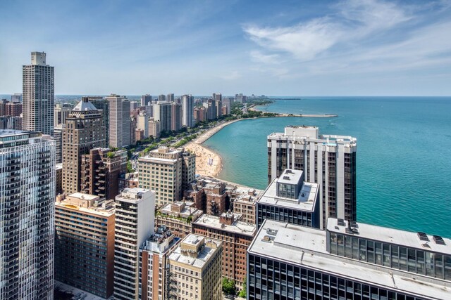 drone / aerial view with a water view