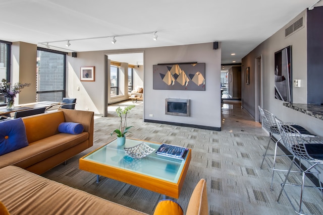 carpeted living room featuring a wealth of natural light and rail lighting