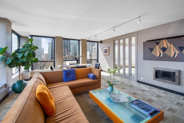 living area featuring a view of city, baseboards, a glass covered fireplace, and french doors