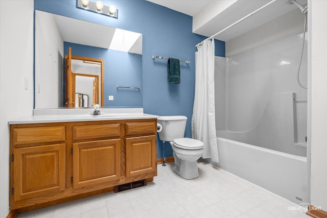 full bathroom with vanity, toilet, and shower / tub combo with curtain