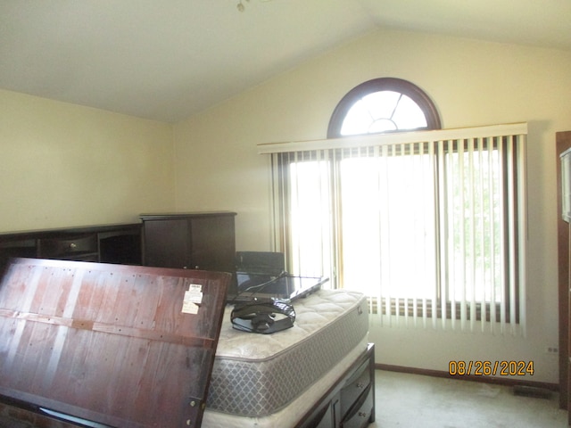 carpeted bedroom featuring lofted ceiling