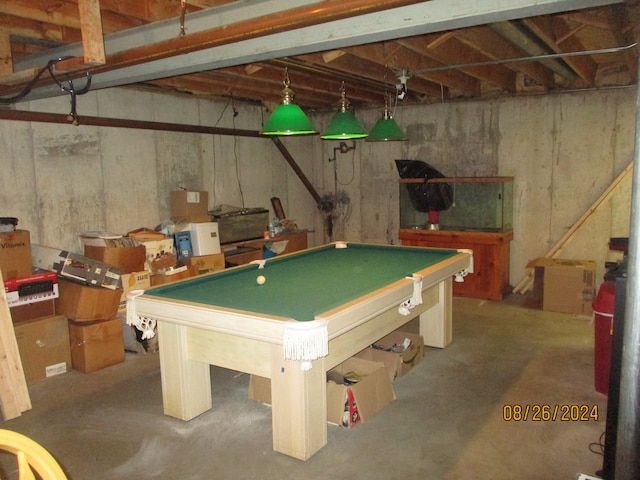 recreation room featuring unfinished concrete flooring and pool table