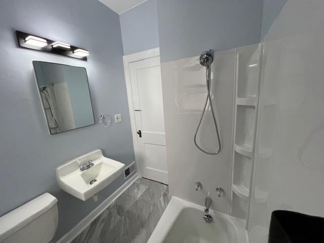 full bathroom with  shower combination, toilet, visible vents, and a sink