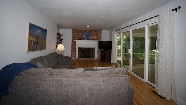 living room with a fireplace and wood-type flooring