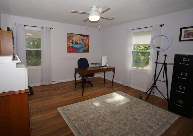 office with ceiling fan, dark hardwood / wood-style flooring, and a baseboard radiator