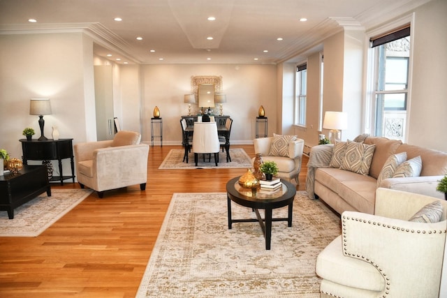 living room featuring ornamental molding and light hardwood / wood-style floors