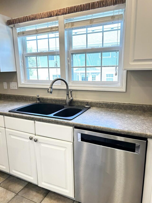 kitchen with a sink, dark countertops, white cabinets, and stainless steel dishwasher