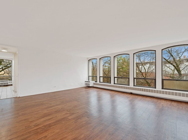 spare room with a healthy amount of sunlight, a baseboard radiator, and dark hardwood / wood-style floors