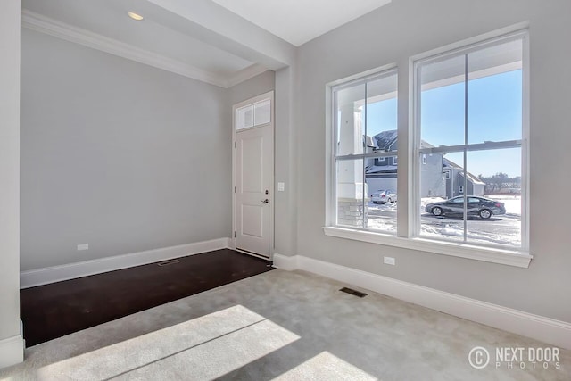 carpeted entrance foyer featuring ornamental molding