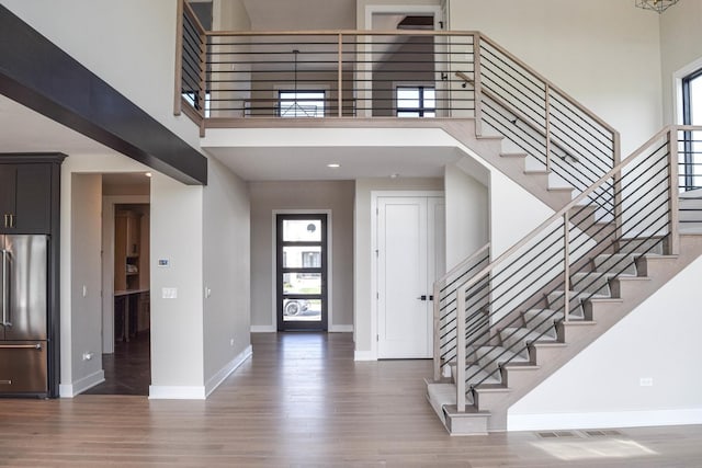 foyer with a towering ceiling, dark hardwood / wood-style flooring, and plenty of natural light