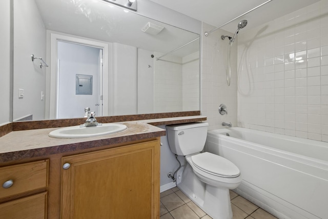 bathroom featuring electric panel, bathing tub / shower combination, toilet, tile patterned flooring, and vanity