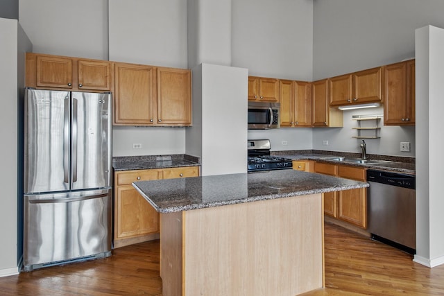 kitchen featuring appliances with stainless steel finishes, a sink, a high ceiling, and wood finished floors