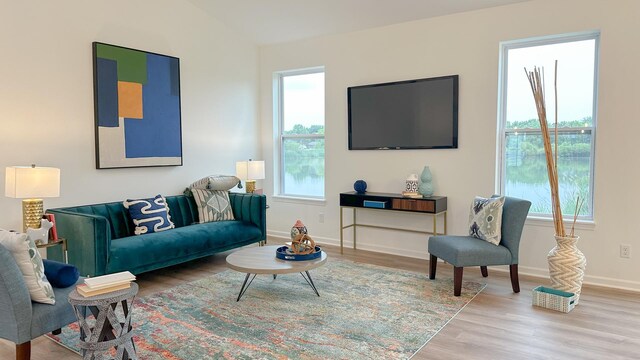 living room with lofted ceiling and light wood-type flooring