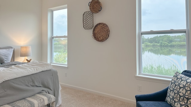 bedroom featuring a water view and carpet floors