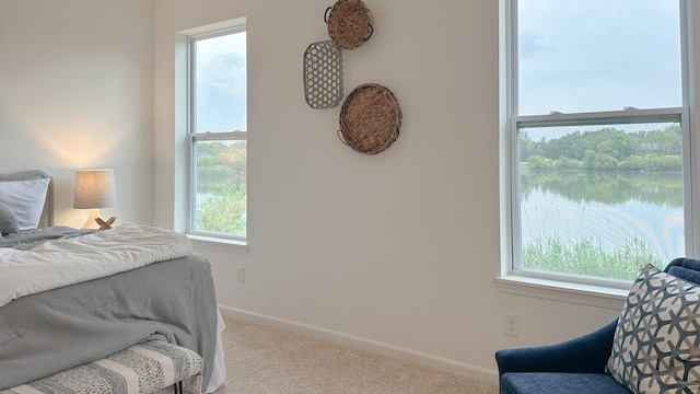 bedroom featuring a water view, light carpet, and baseboards