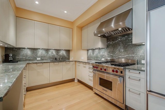 kitchen featuring white cabinets, wall chimney exhaust hood, high end appliances, and decorative backsplash