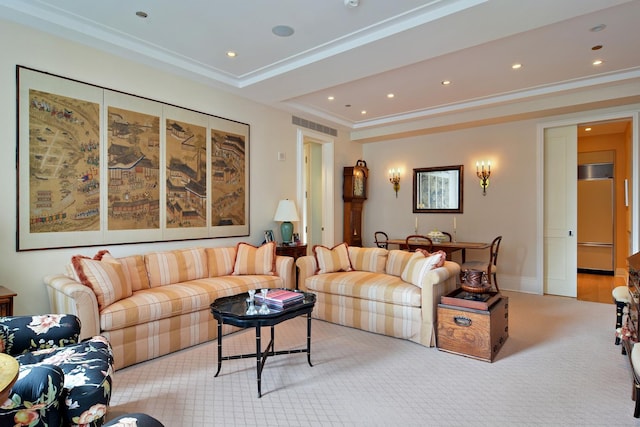 living room featuring light carpet and ornamental molding