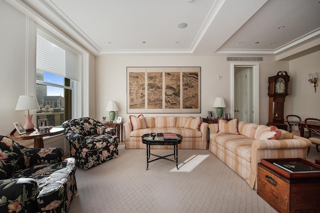 living room featuring light carpet and crown molding