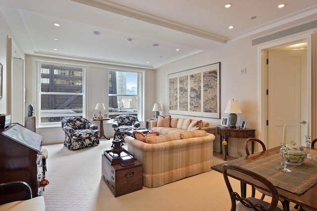 carpeted living room featuring crown molding