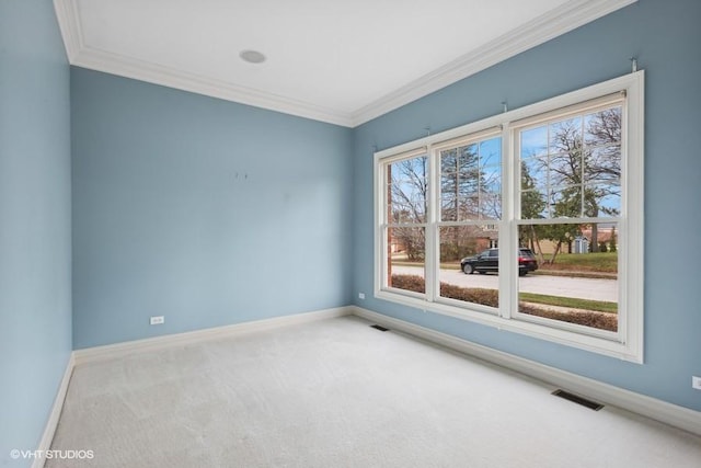 empty room featuring light carpet, a healthy amount of sunlight, and ornamental molding