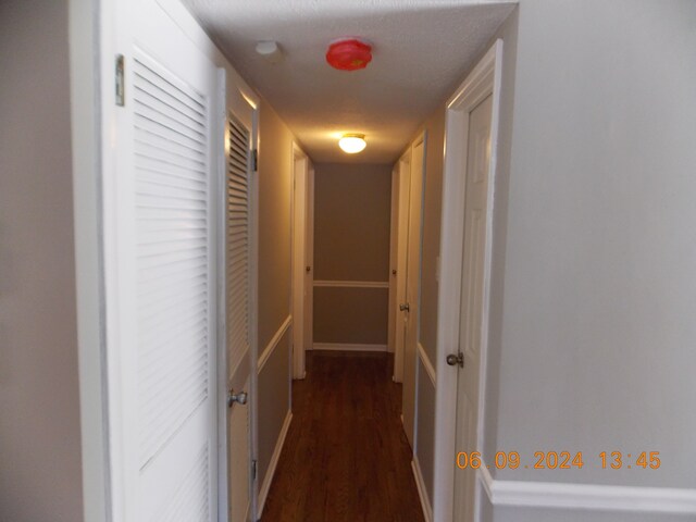 hallway featuring dark hardwood / wood-style flooring and a textured ceiling