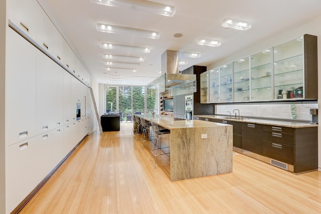 kitchen with light stone counters, expansive windows, white cabinets, light hardwood / wood-style floors, and a large island