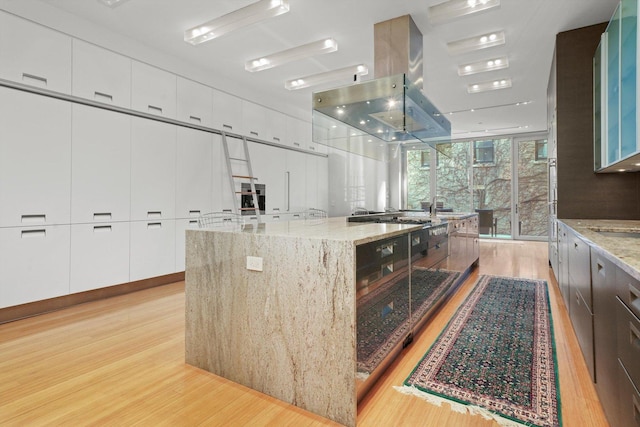 kitchen with light stone countertops, floor to ceiling windows, a spacious island, light hardwood / wood-style floors, and white cabinetry