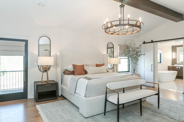 15W601 Grant St, Burr Ridge, IL 60527 - bedroom featuring vaulted ceiling with beams, a barn door, hardwood / wood-style flooring, and multiple windows