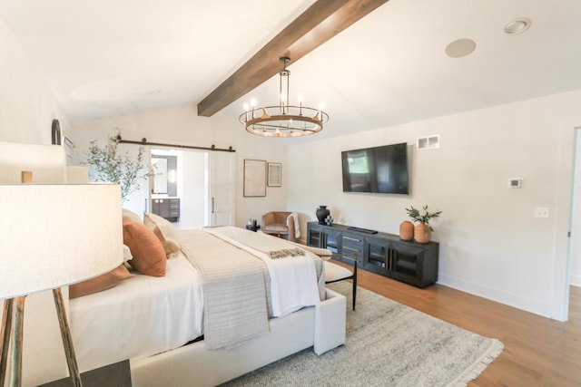 15W601 Grant St, Burr Ridge, IL 60527 - bedroom with a chandelier, lofted ceiling with beams, hardwood / wood-style flooring, and a barn door
